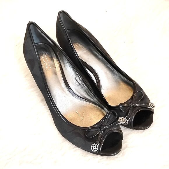 Coach Womens Size 8.5 B  Black Wedge Heel Open Toe Dress Shoes Slip On LOGO - Picture 1 of 9